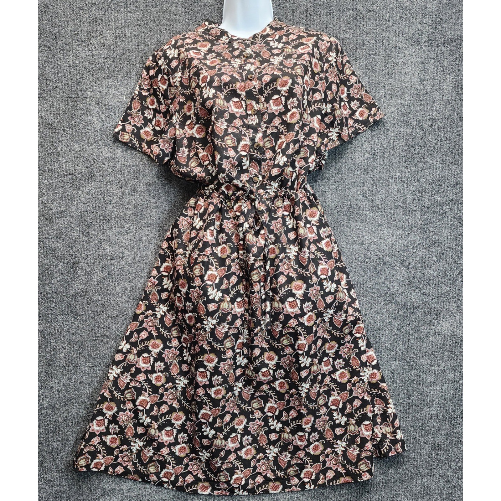 Lands’ End Womens Floral Paisley Button Front Drawstring Midi Dress Size M 10-12