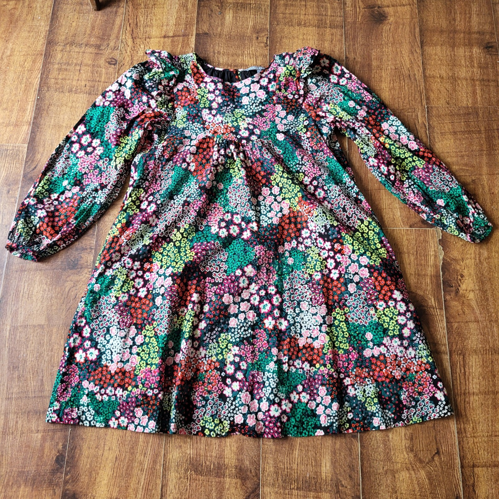 Oliver Bonas, lined smock swing dress, puff sleeve, ruffle detail 8 fits 12/14