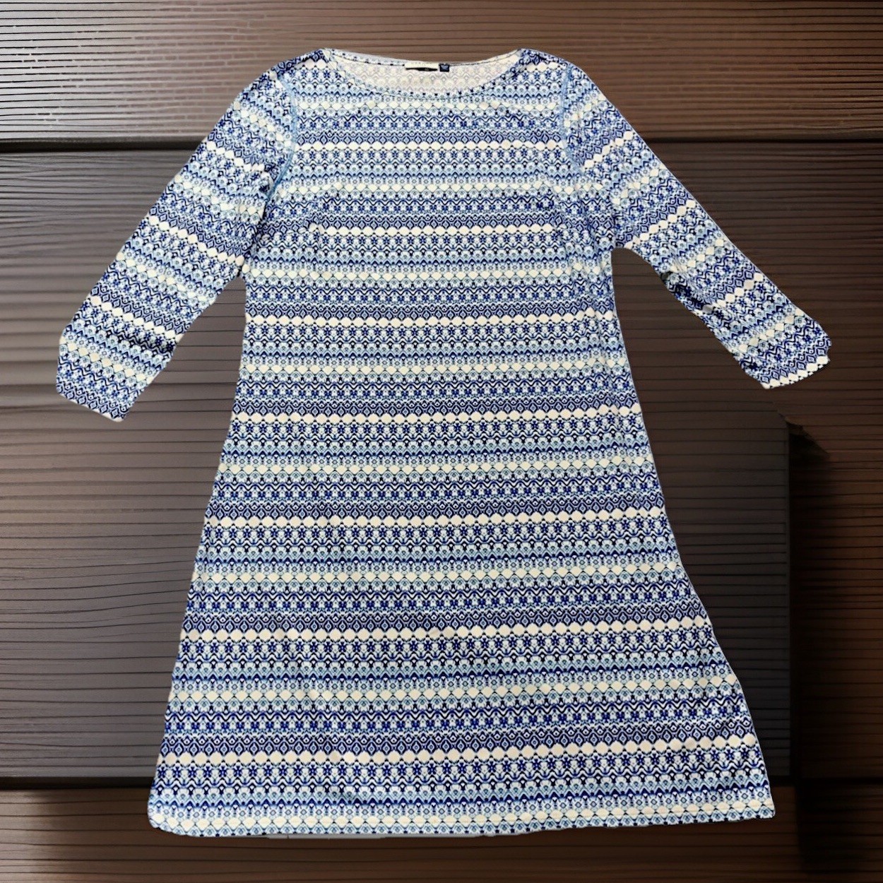 CABANA Life Dress Medium Blue Shift Long Sleeves Geometric Wrinkle Resistant