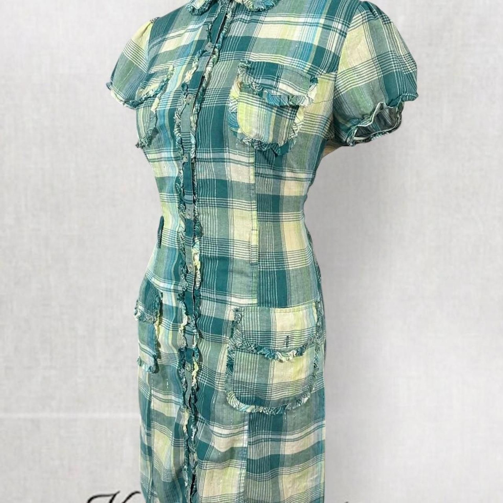 Grunge Style Green and White Plaid Collared Button Midi Dress