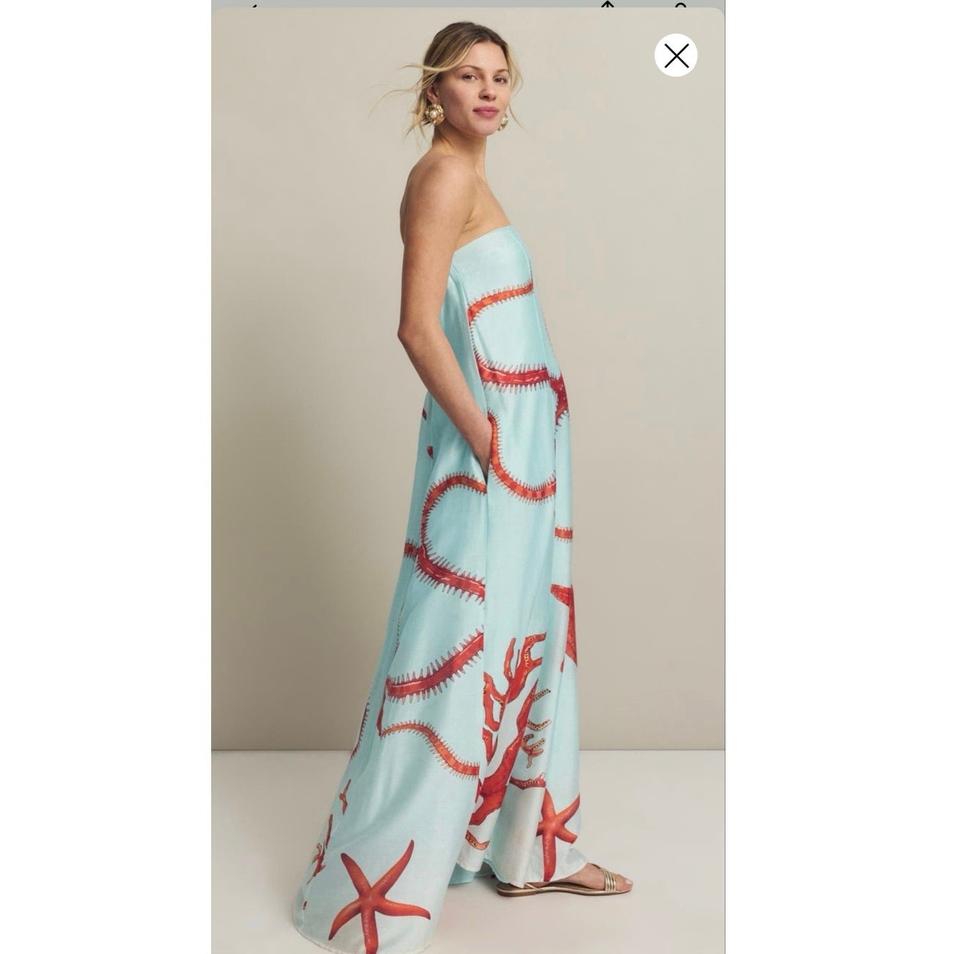 MUMA WORLD Blue Red Starfish Print SleevelessUrsa Maxi Dress size Large