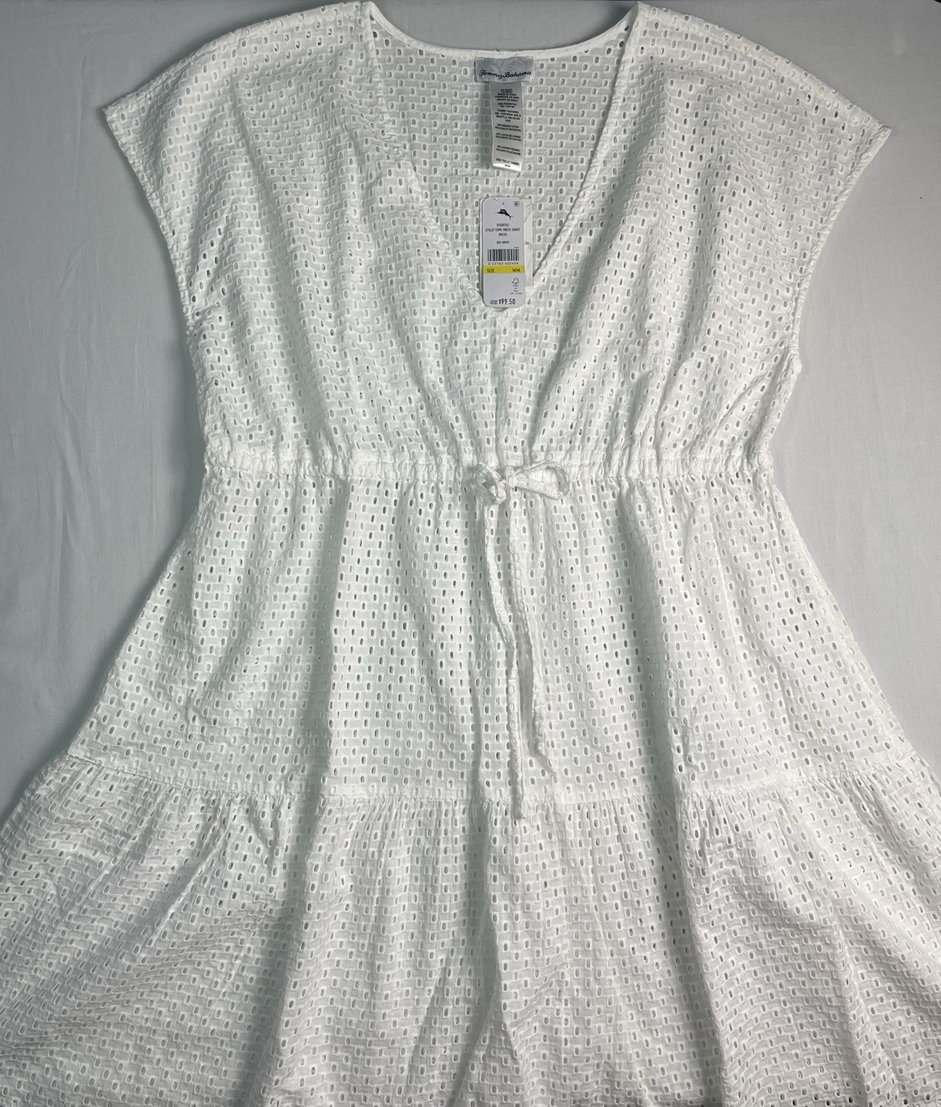 Tommy Bahama White Cotton Eyelet V-Neck Cap Sleeve Tie Waist Dress M *STAIN*