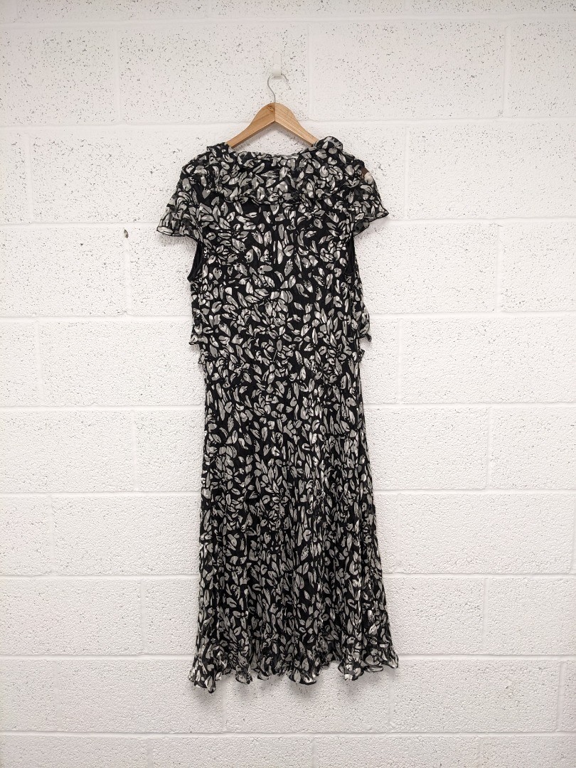 Jacques Vert Patterned Frill Dress Silk Blend Black White UK 22 – New