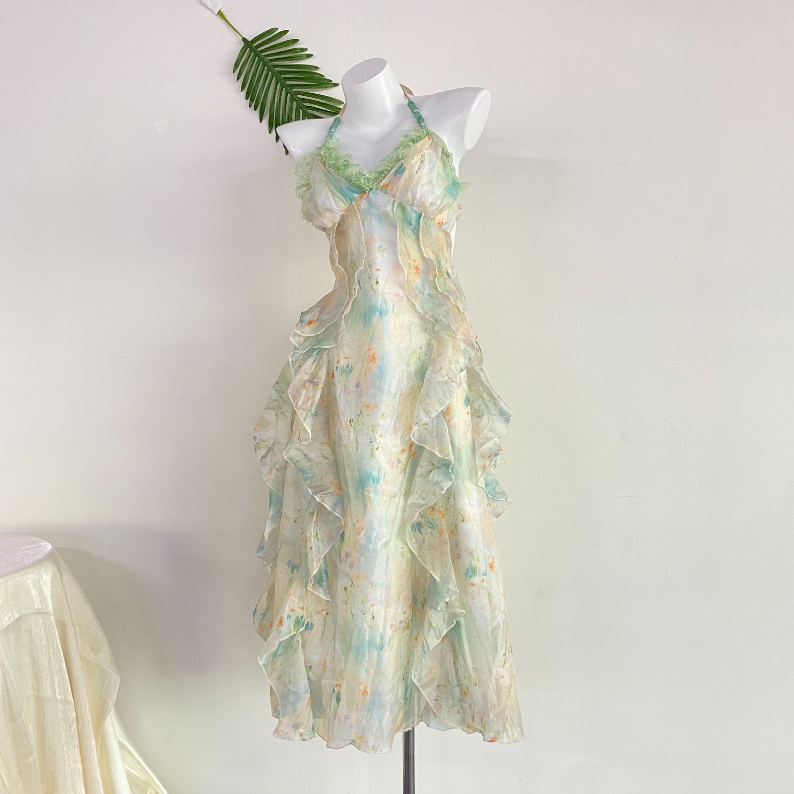 Pastel Watercolor Floral Ruffled Halter Midi Dress