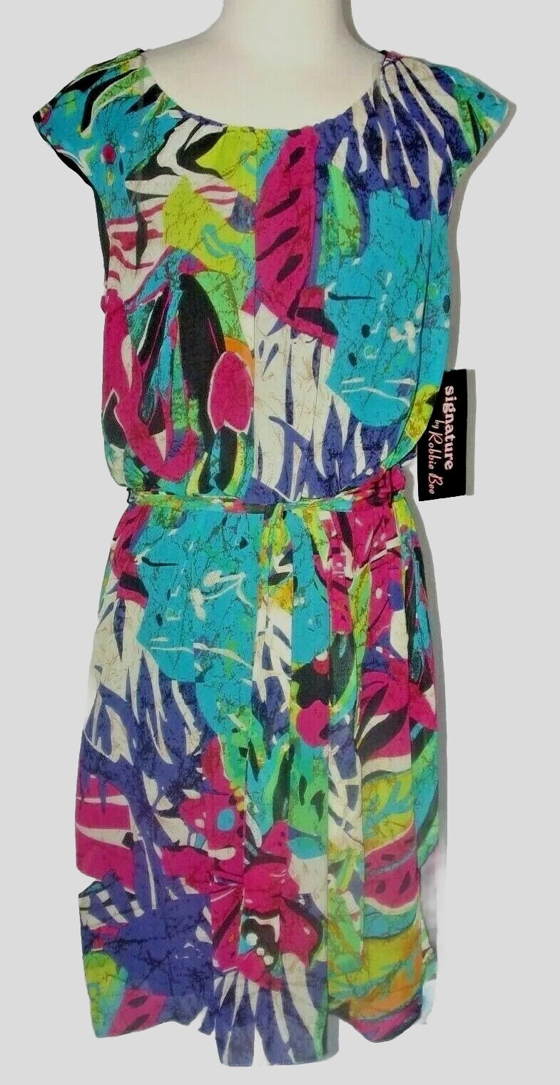 Robbie Bee Dress Sz 12 Black Blue White Green Pink Floral Print Red L NEW $88