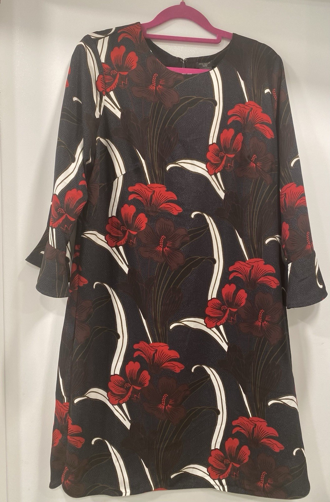 Ann Taylor Factory Women’s Black Red Asian Floral Dress Ruffle Sleeves Size 10P