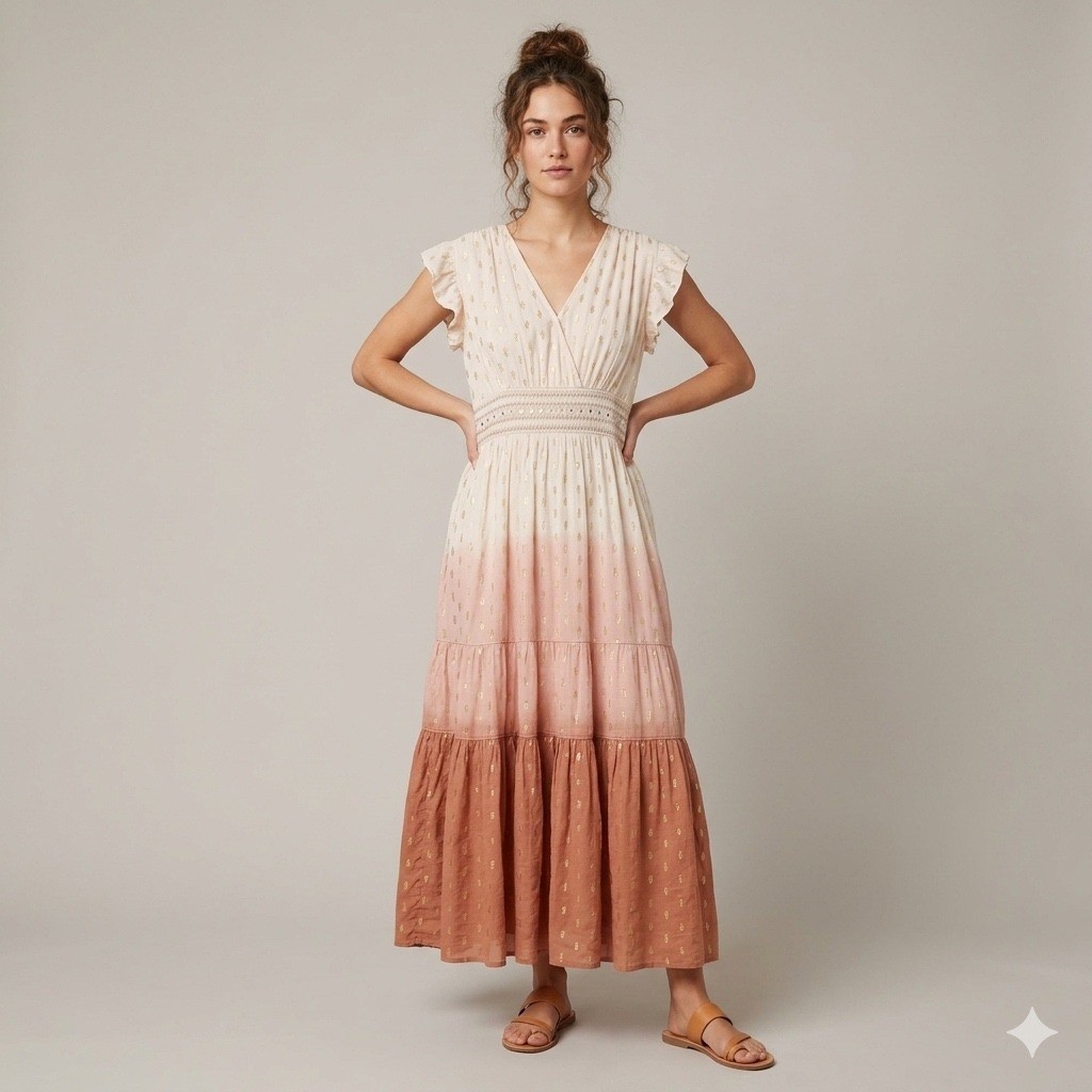 Sweet Magnolia Maxi Tired Dress Womens XL Pink Ombre Metallic Boho Cottagecore