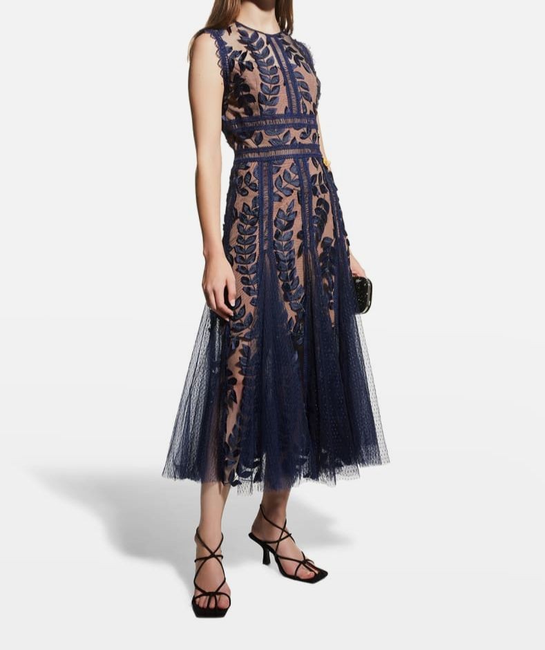 Bronx & Banco Women’s Blue Saba Leaf-Appliqué Lace Midi Dress Size AUS 10/US 6/M