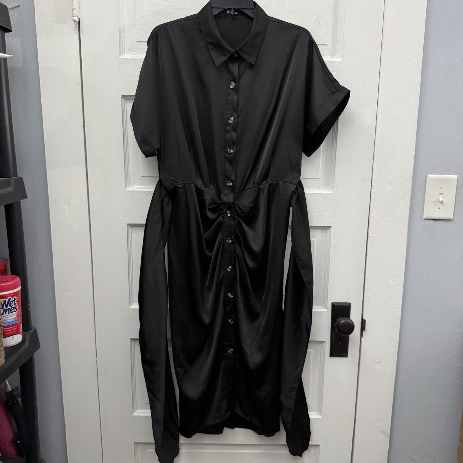 BTFBM Black Satin Shirt Dress Ruched Front Tie Waist Belt Midi Minimalist L
