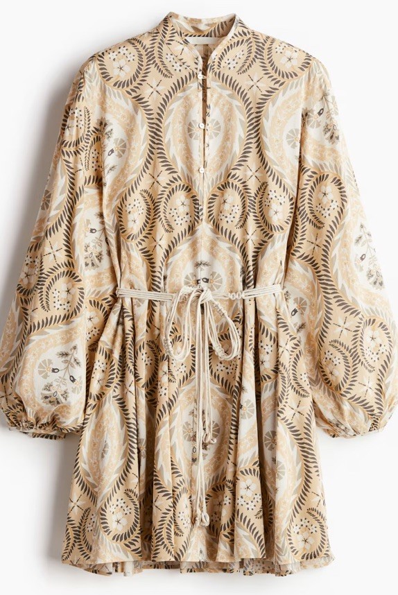 H&M Beige Patterned A-Line Dress Balloon Long Sleeve Viscose Cotton S