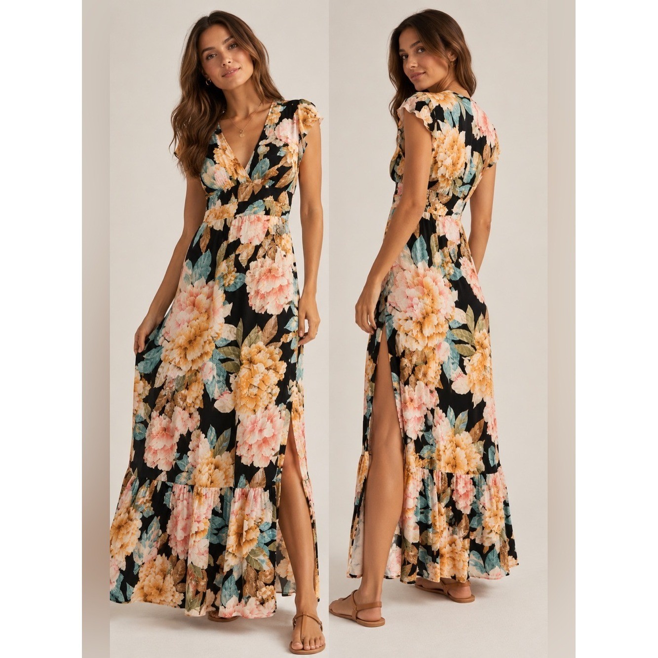 O’Neill Floral Maxi Dress Small Side Slit Ruffle Boho Tropical Print