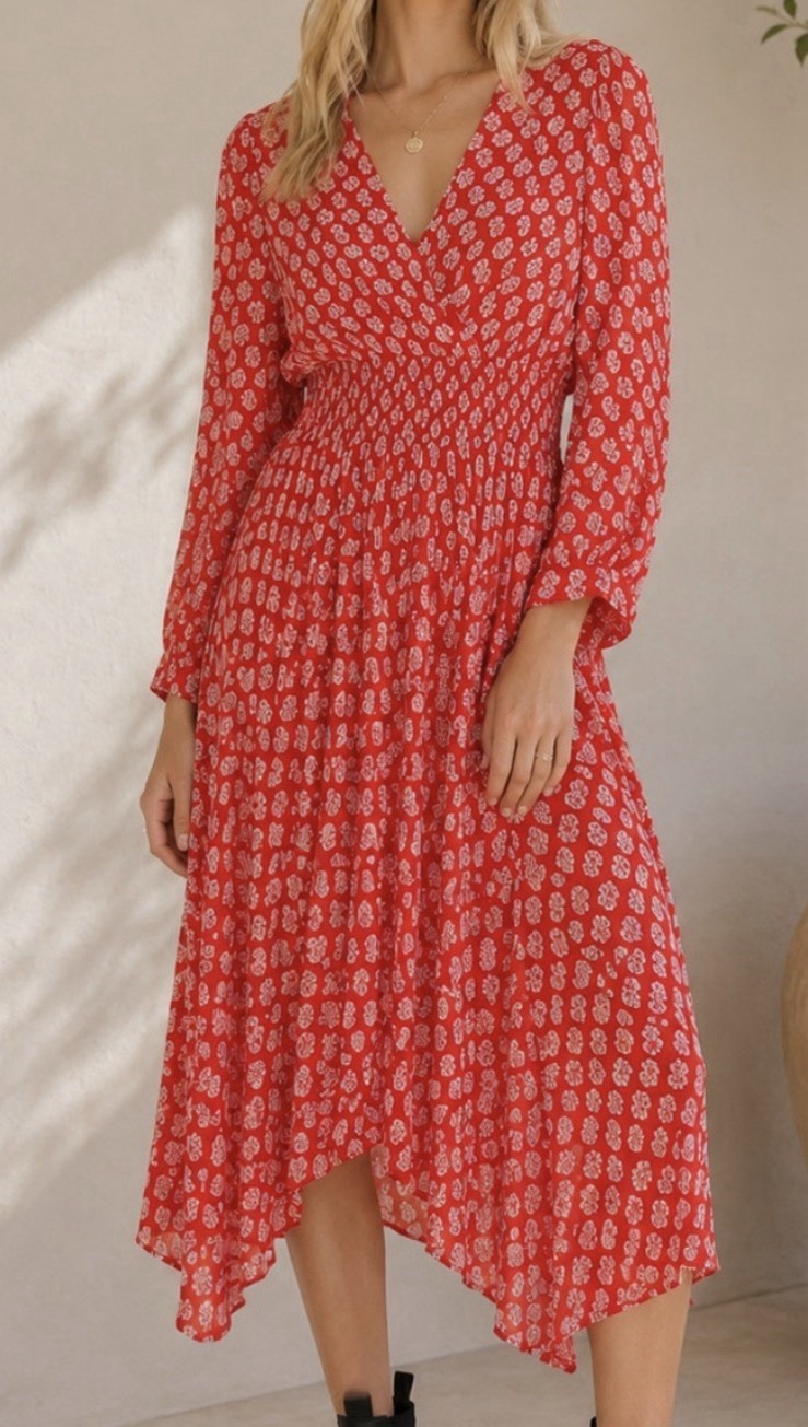 Maje Long Sleeve Monogram Print Crepe Midi Dress Red Size Medium Timeless Chic