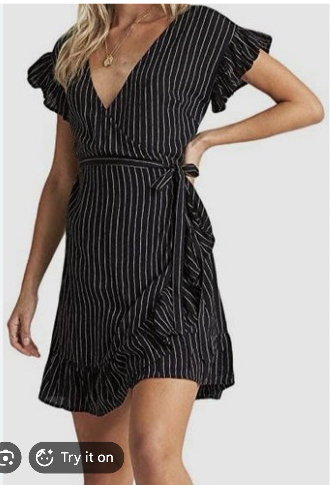 Billabong Wrap and Roll Black/White Striped Ruffle V-Neck Mini Wrap Dress M