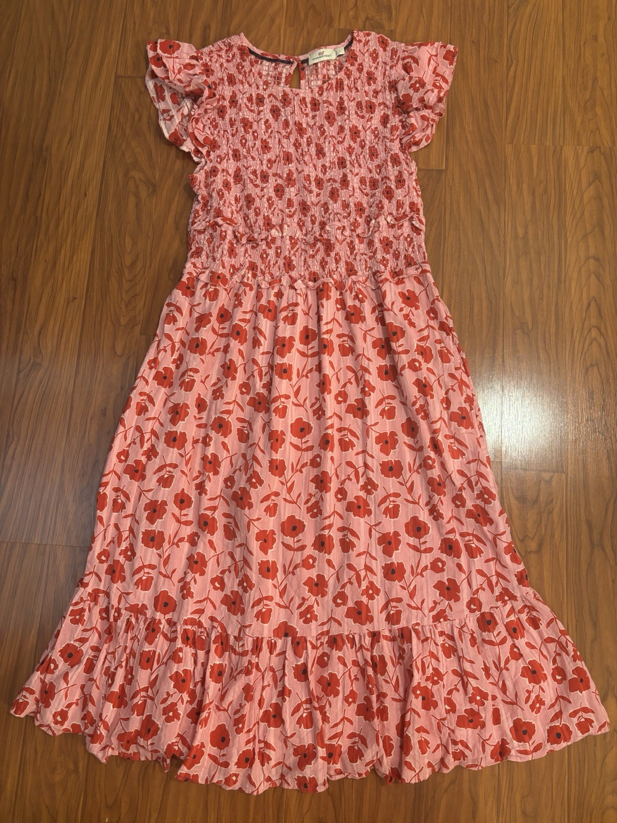 Vineyard Vines Smocked Pink Dress with Red Floral Print Womens Large