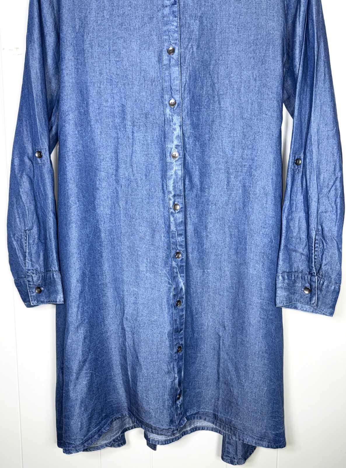 Splendid Blue Chambray Denim Tencel Button-Up Back Tie Roll Tab Shirt Dress L