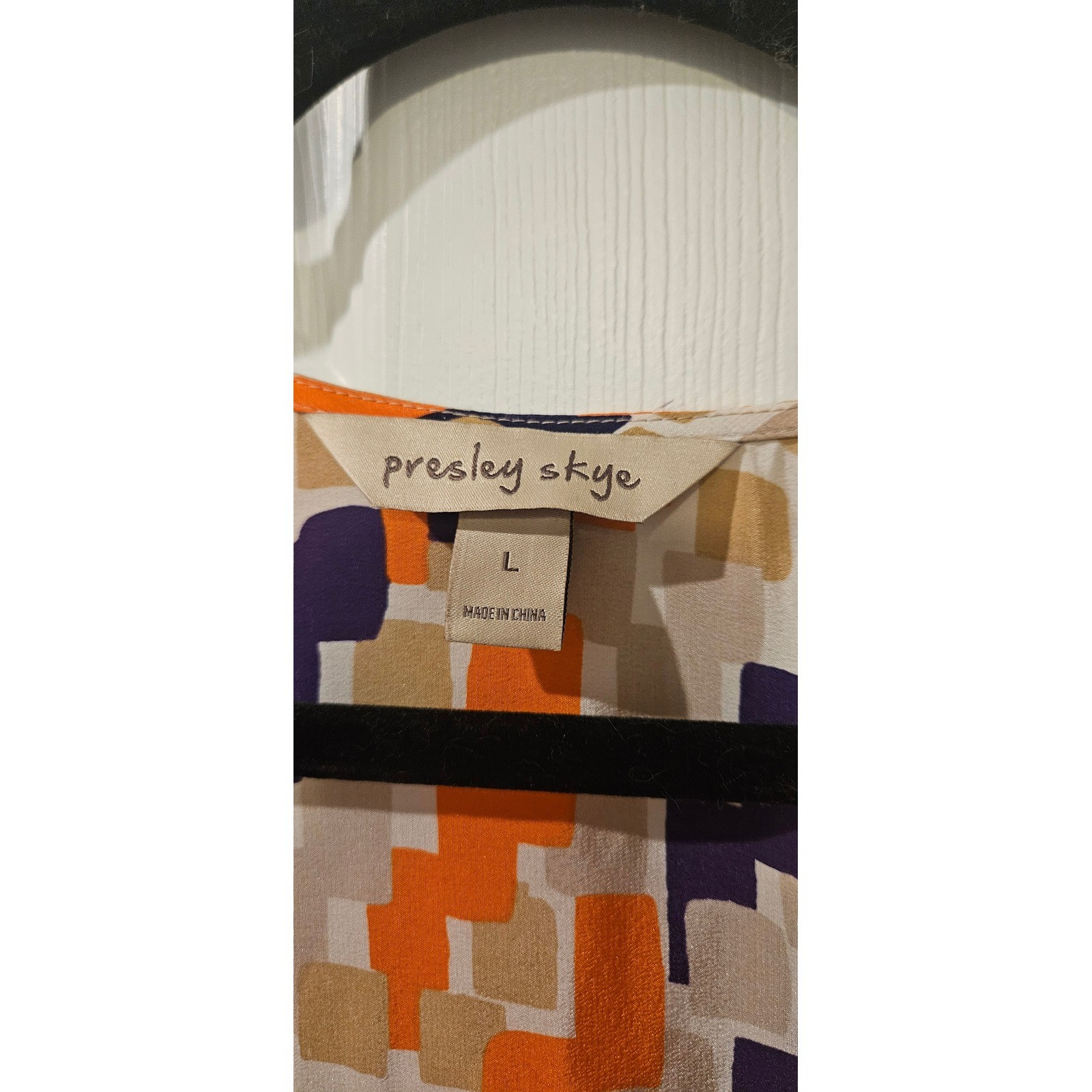 Presley Skye 100% Silk Dress Large Belted Pockets Geometric Print Navy Orange