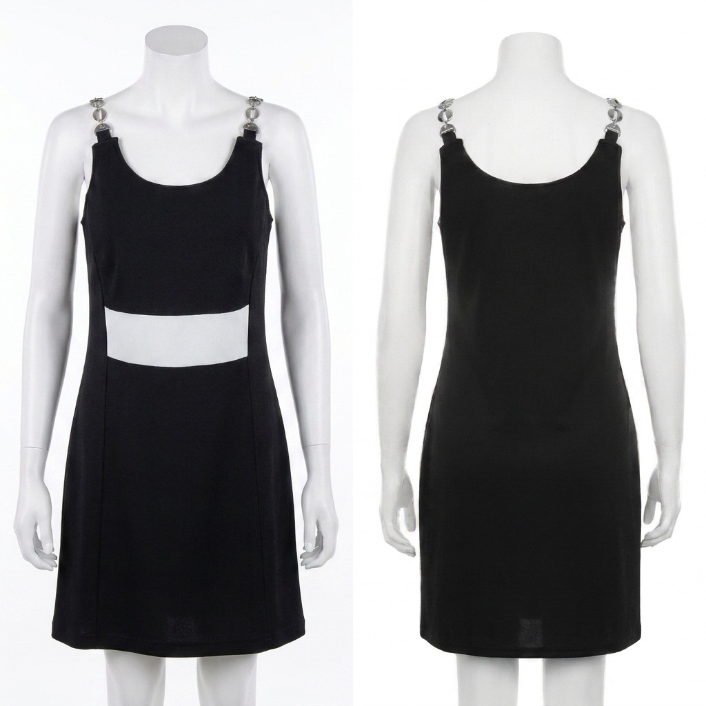 Black Mini Dress Y2K Silver Chain Straps Metallic Straps 2000s Size 38