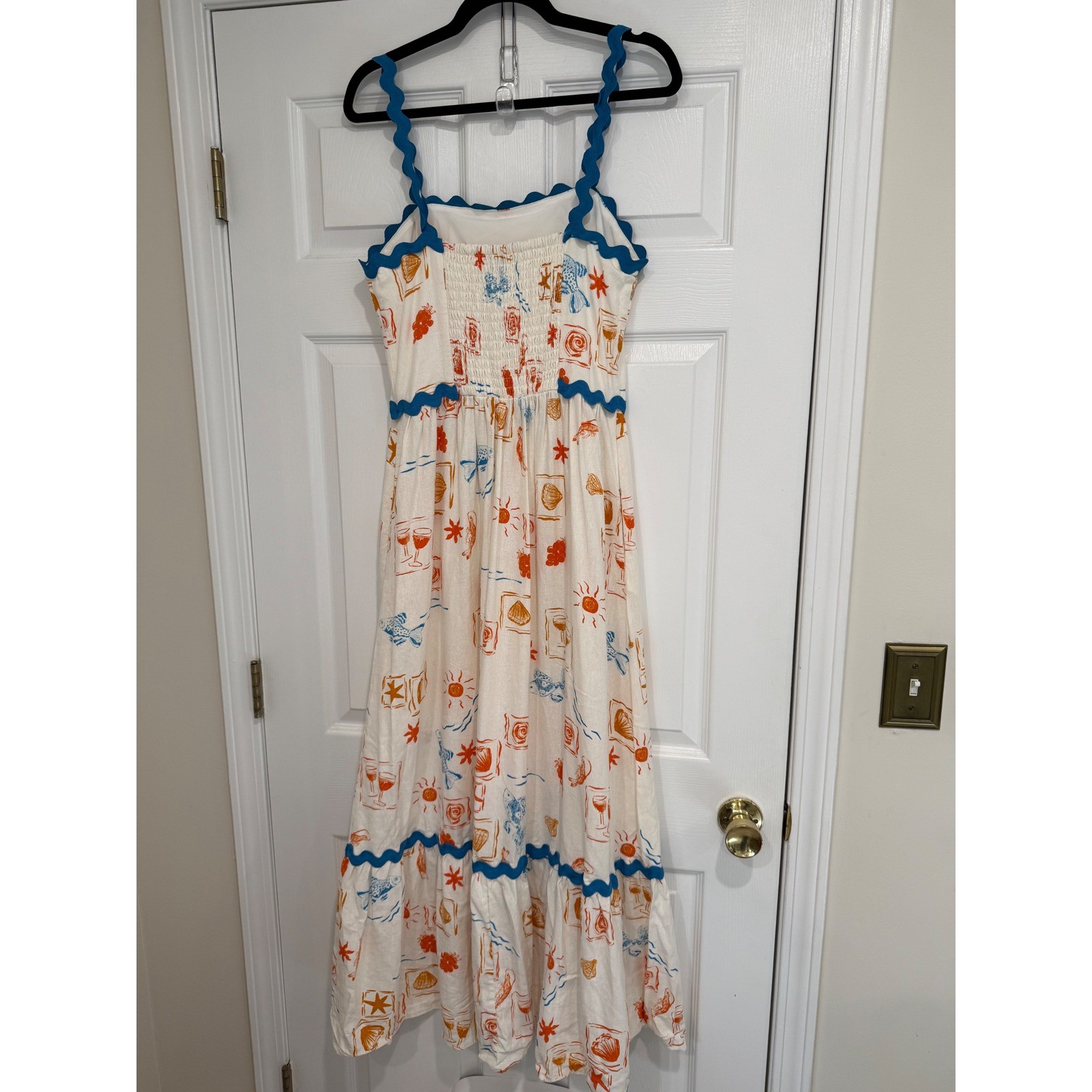 CeCe Coastal Print Linen Blend Ric Rac Trim Midi Dress Cream Orange Blue Medium