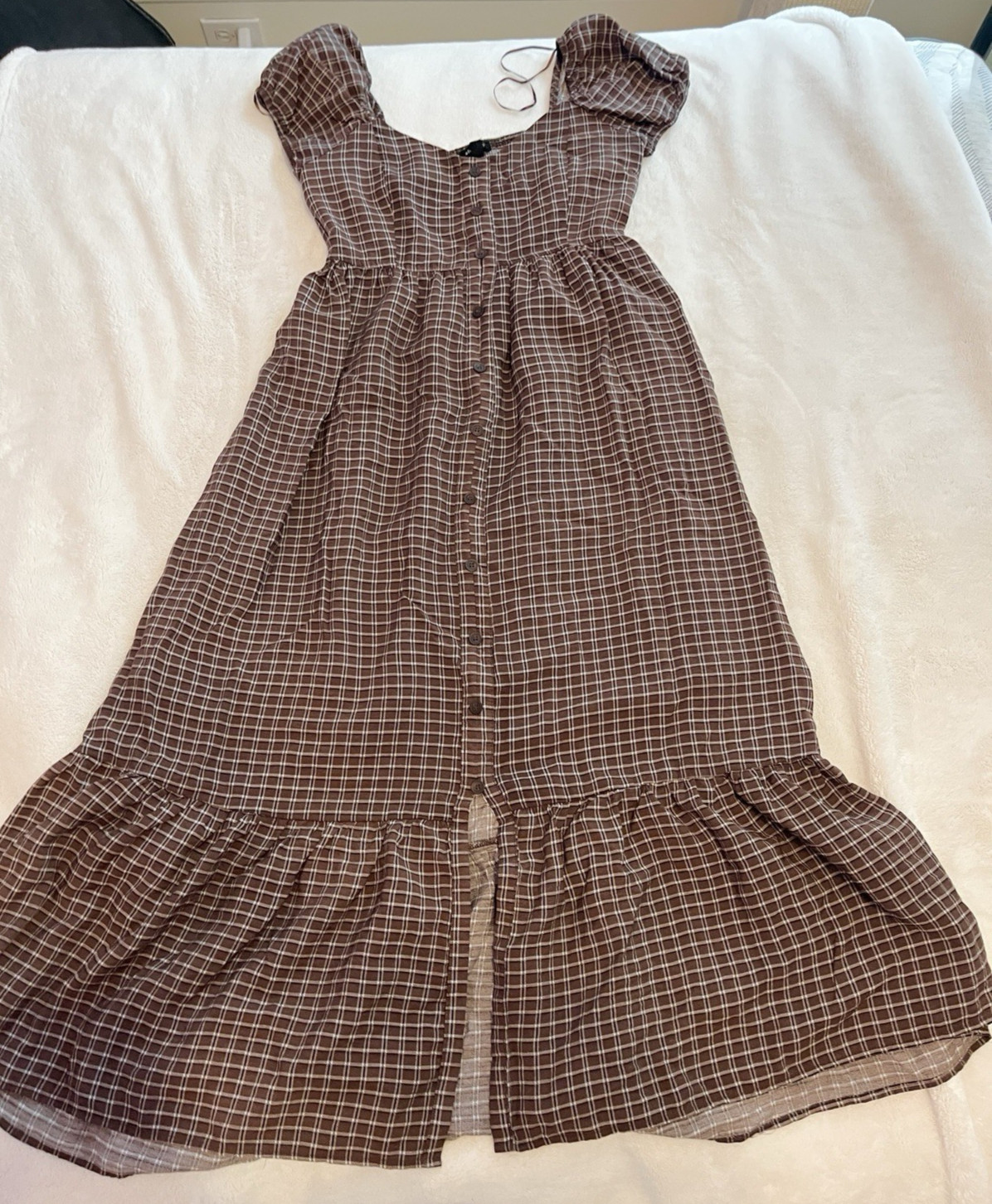 Dark Brown Check Pattern Puff Sleeve Midi Dress blu pepper (Small)