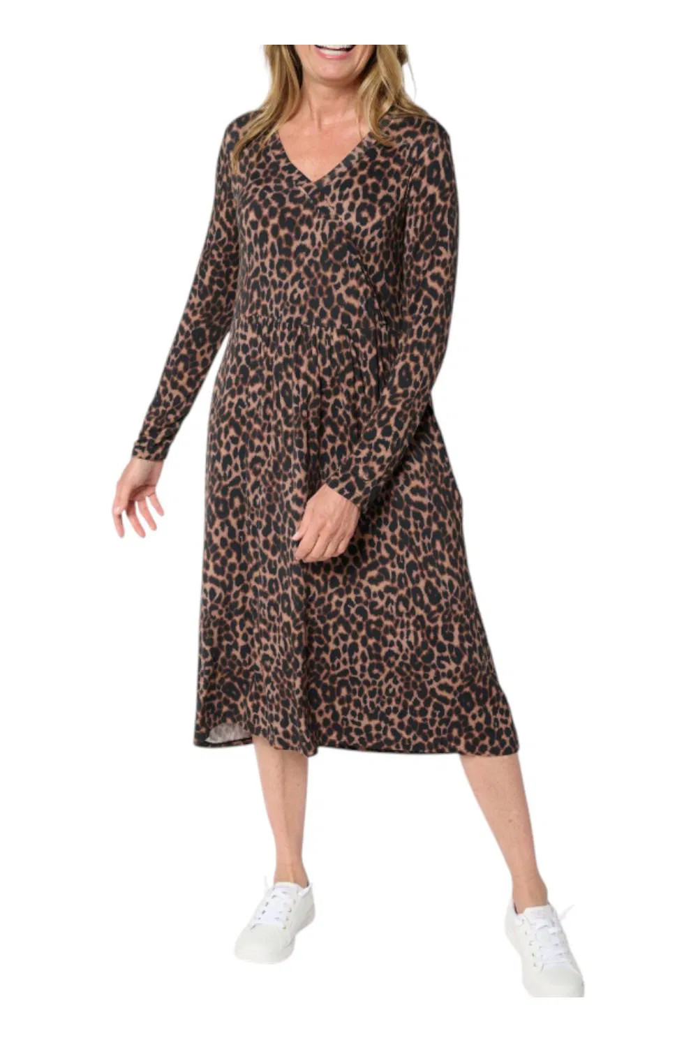 Cuddl Duds Women’s Soft Stretch Wrap Over Dress Mocha Animal