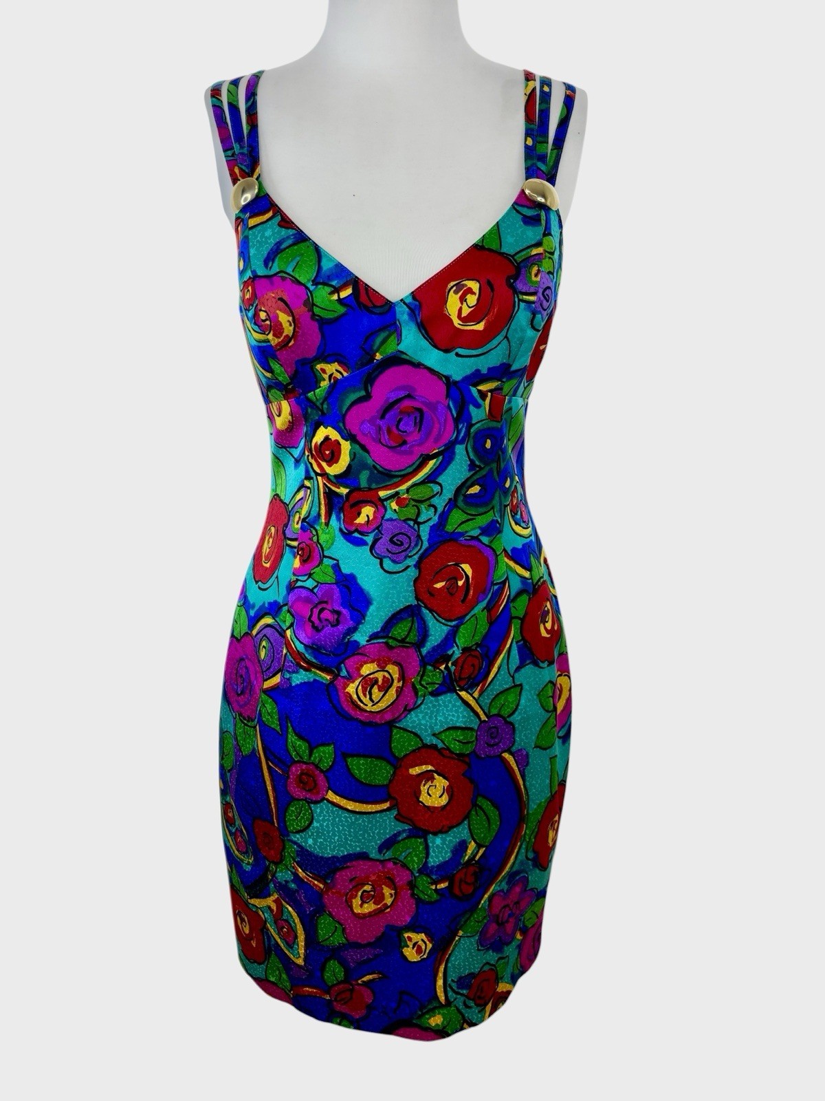 Vintage A.J. Bari 100% Silk Multicolor Floral Sleeveless Mini Dress Short Small