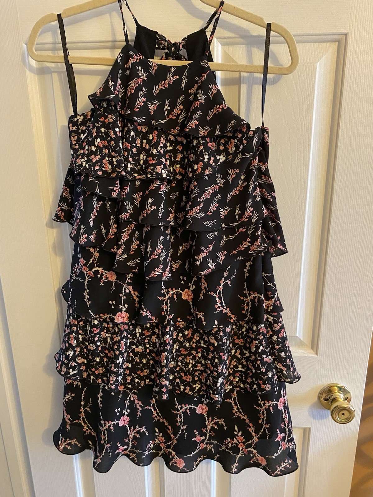 White House Black Market Floral Halter Ruffle Dress Black Pink 10