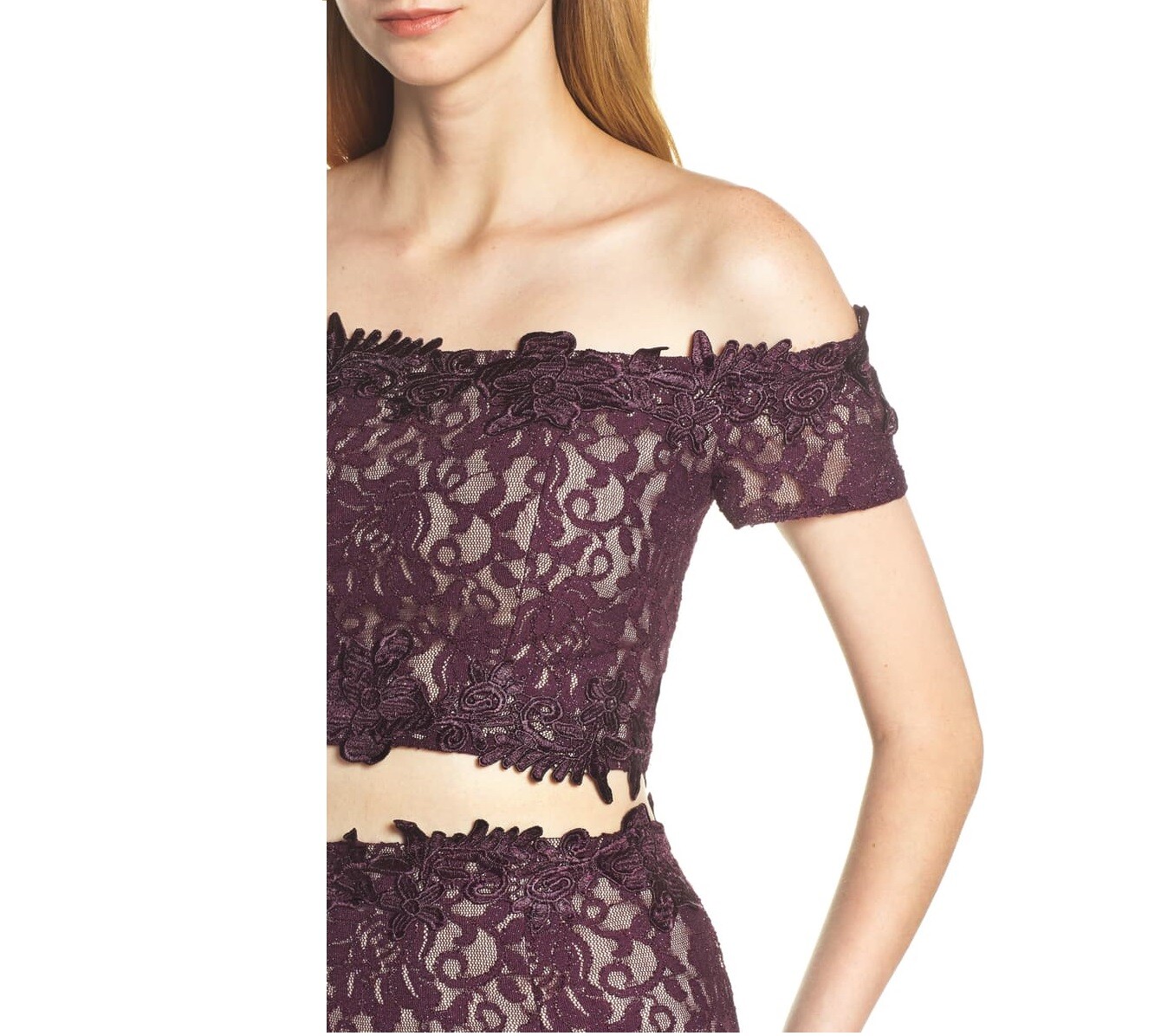 Sequin Hearts Junior Womens 9 Eggplant Off The Shoulder 2 PC Lace Gown NWT