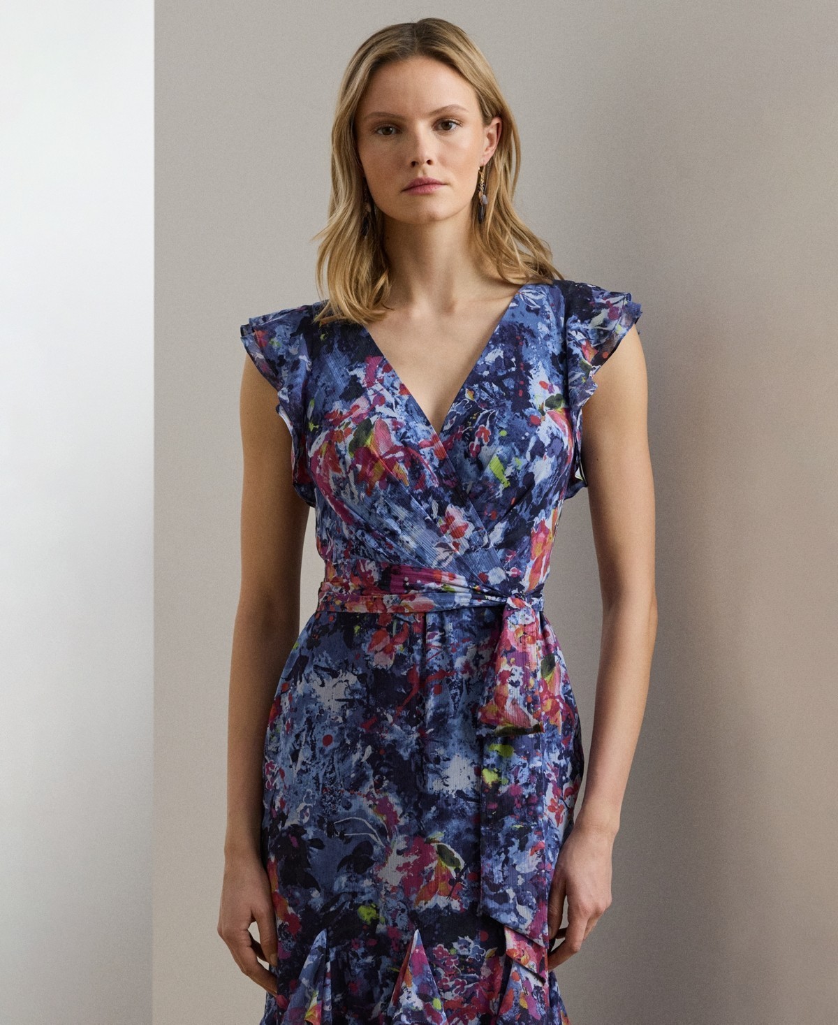 Lauren Ralph Lauren Print Ruffle-Trim Crinkle Georgette Gown Womens 4 Blue Multi