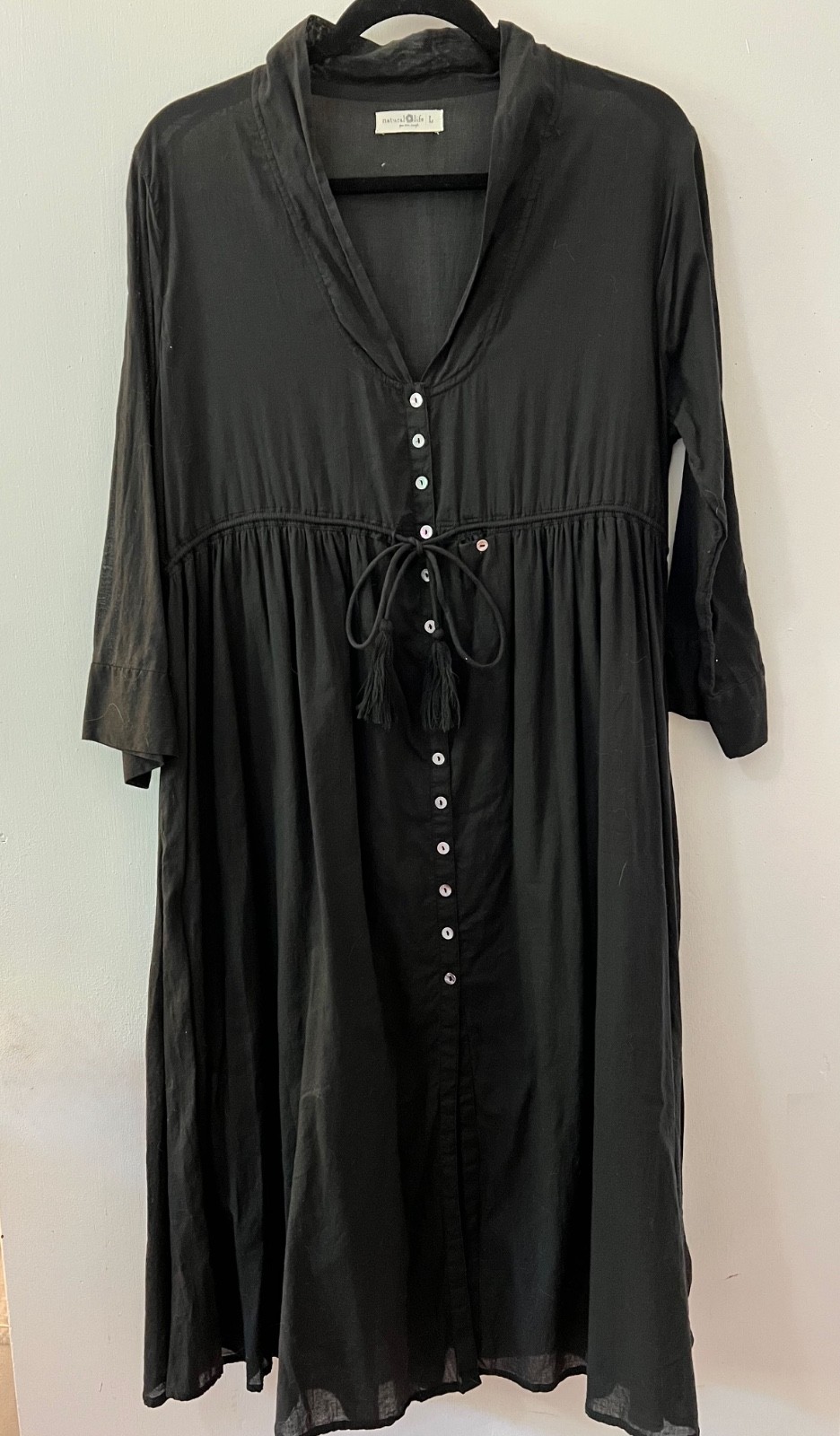 Natural Life Black Cotton Button Front Maxi Shirt Dress L Chic Hippie