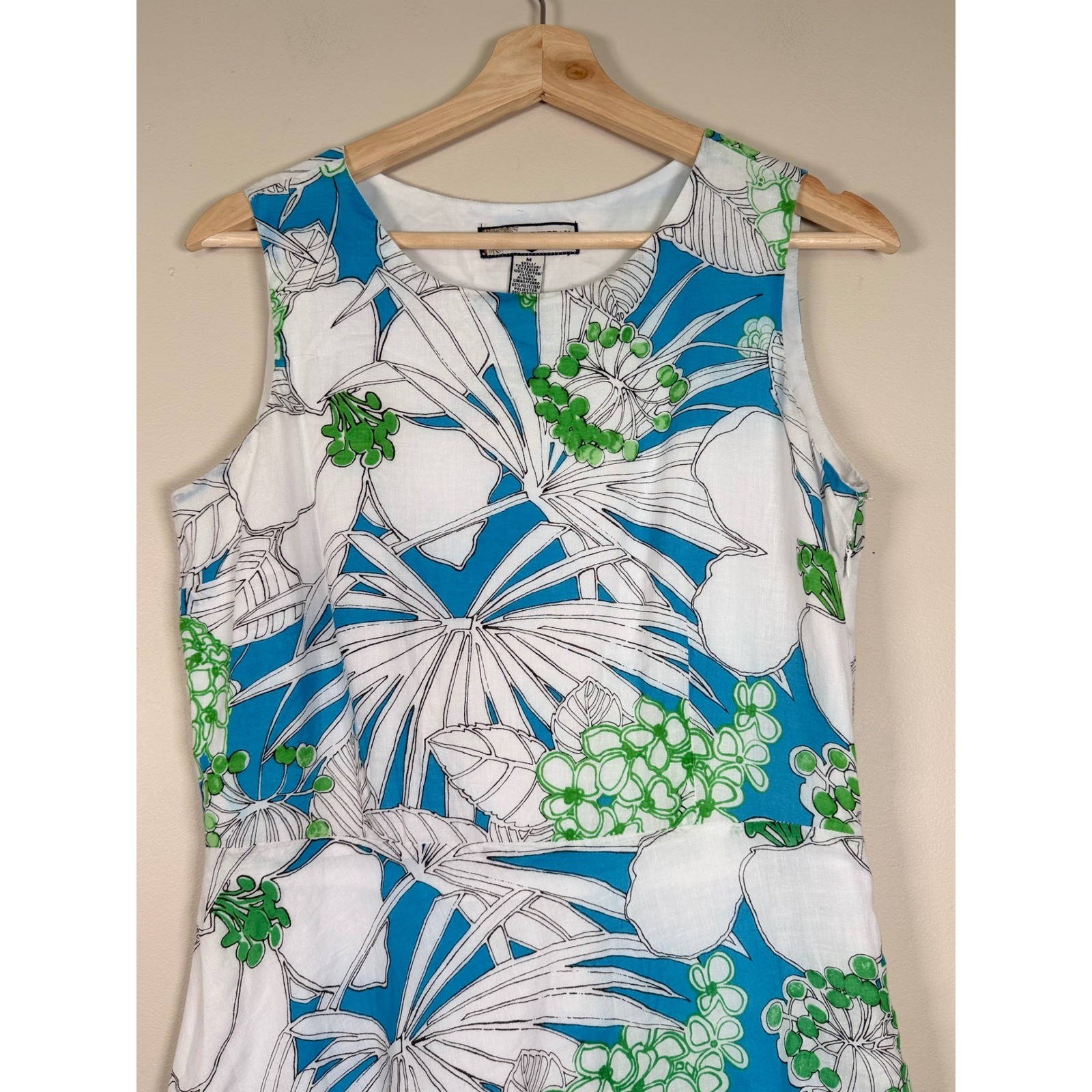 Caribbean Joe Womens Blue Green Tropical Floral Cotton Fit Flare Dress Size M