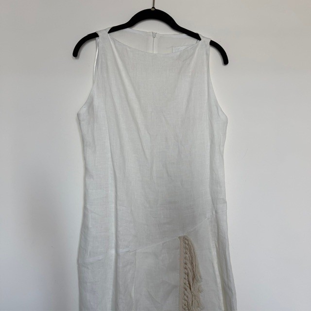 NWT Zara ZW Collection White 100% Linen Fringe Midi Dress Asymmetrical | Size XS