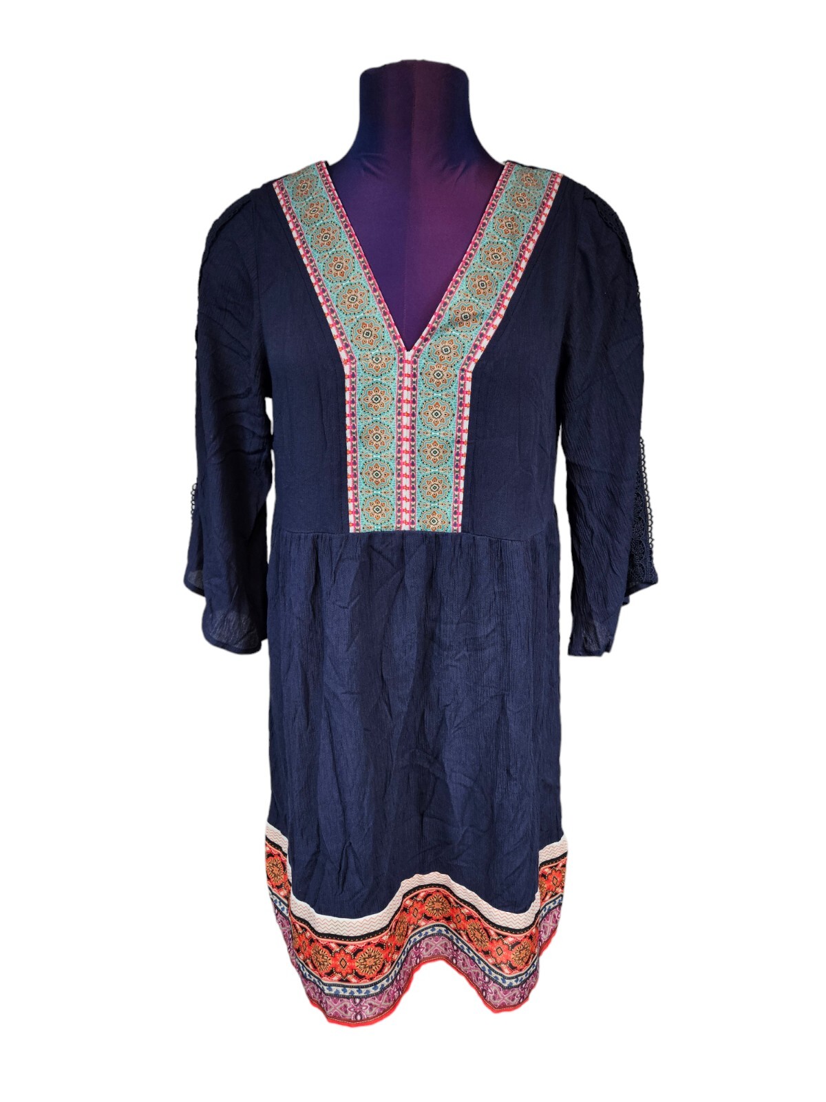 NWT White Mark Navy Boho Gabrielle Embroidered Dress Size Small Women’s G90