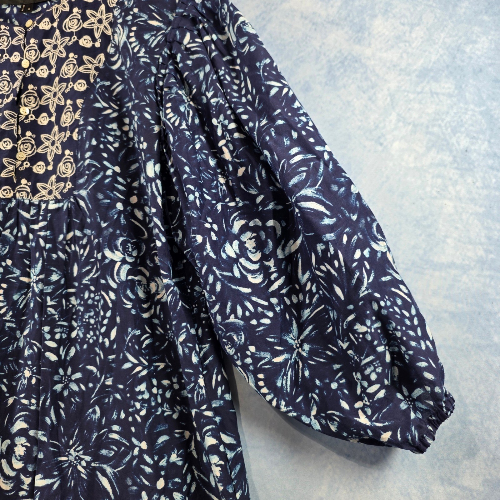 Nicole Miller Collection Navy Blue Floral Embroidered Drop Waist Dress Womens S