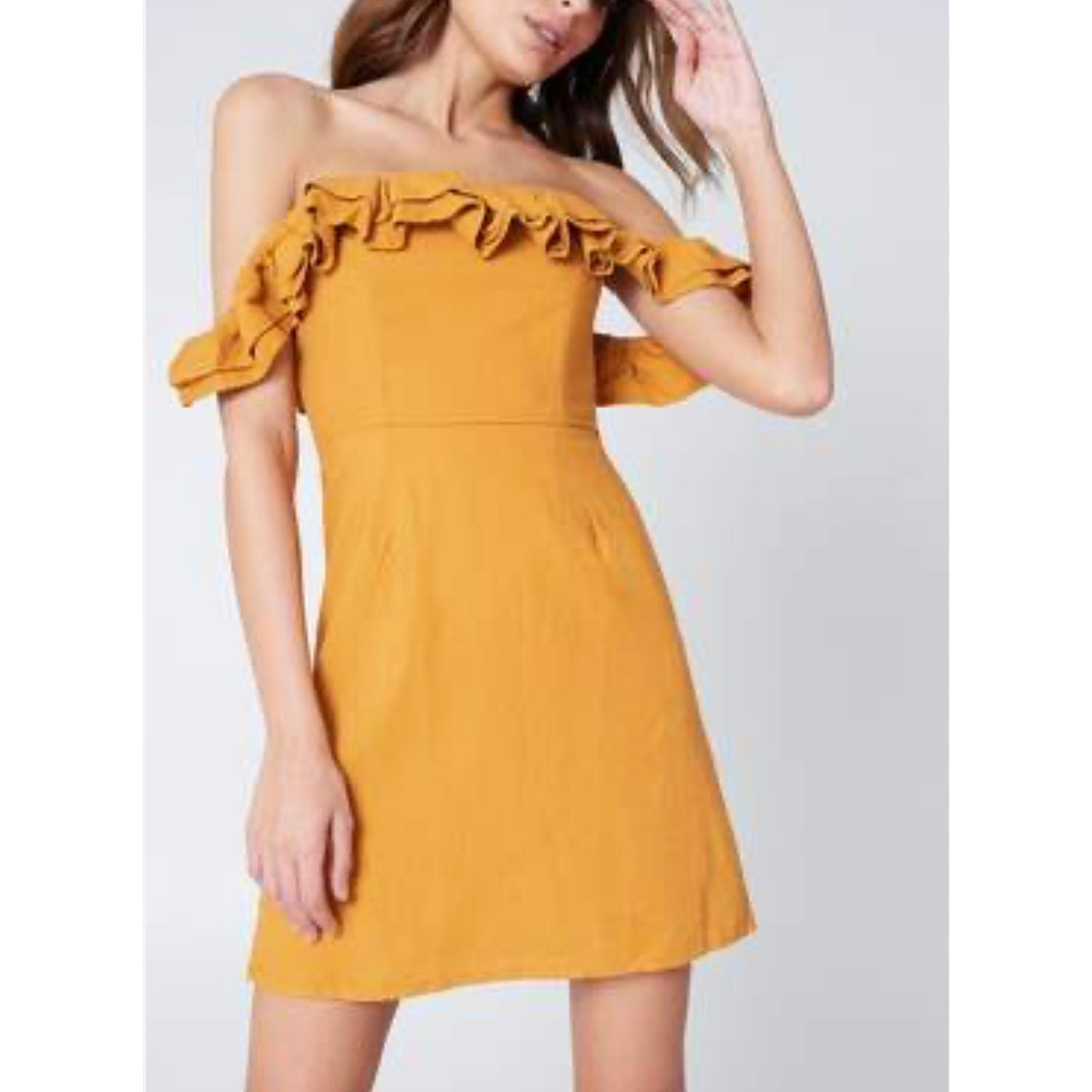 Revolve By the Way Mini Dress Yellow Linen Blend Ruffle Off Shoulder size Small