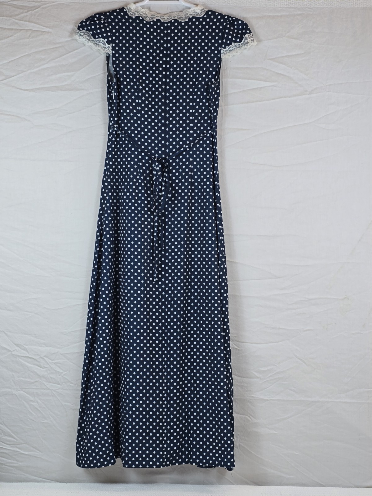 RIHOAS Navy White Polka Dot Lace Trim V-Neck Maxi Dress XS Short Sleeve