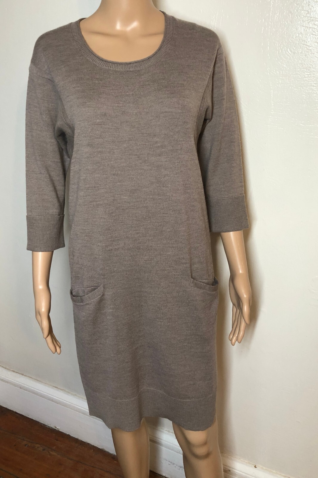 Garnet Hill XS Brown 100% Merino Wool Sweater Dress 3/4 Sleeve Pocket Shift
