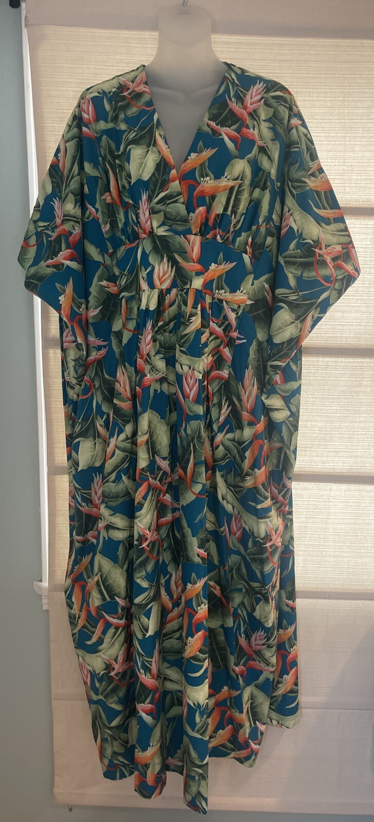 New Aloha Hut Tropical Eve Hawaii COTTON Bird Of Paradise Kaftan Maxi Dress~O/S