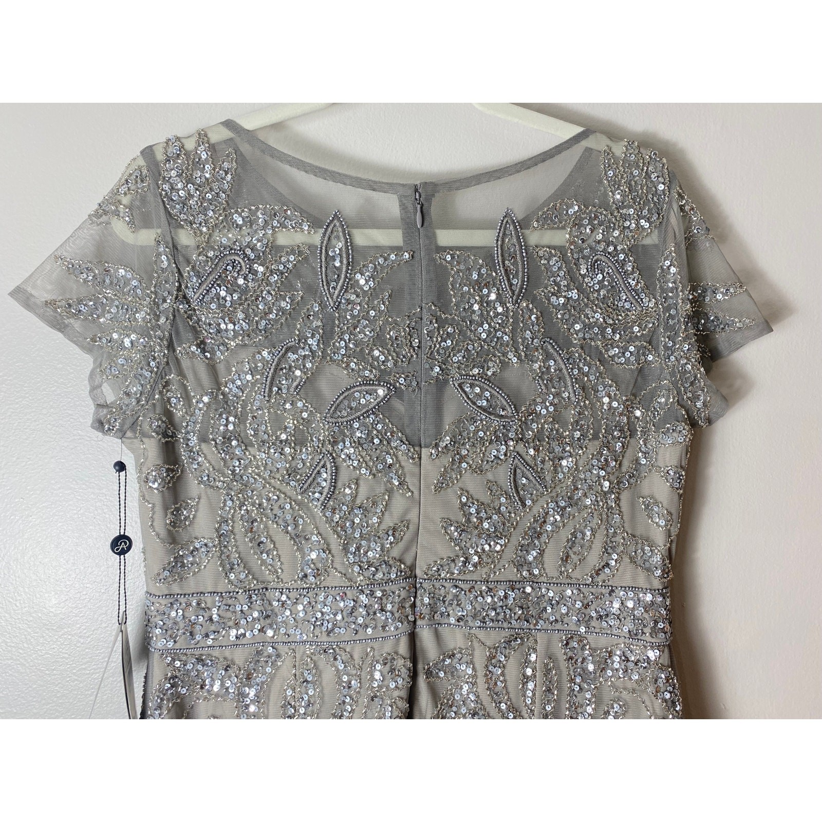 ADRIANNA PAPELL DRESS 14 SILVER SEQUIN BEADED WEDDING GUEST COCKTAIL PARTY SHORT