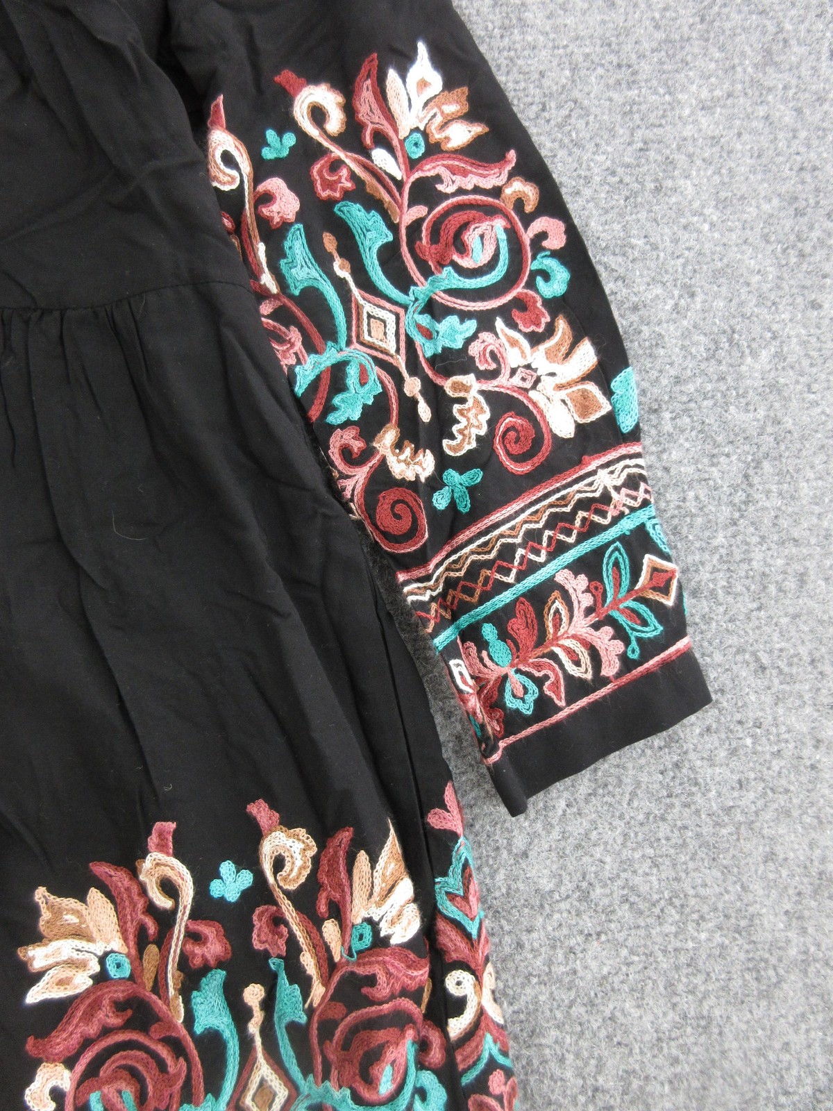 Floret Dress Womens Petite Small Black Embroidered Boho Trapeze Long Sleeve