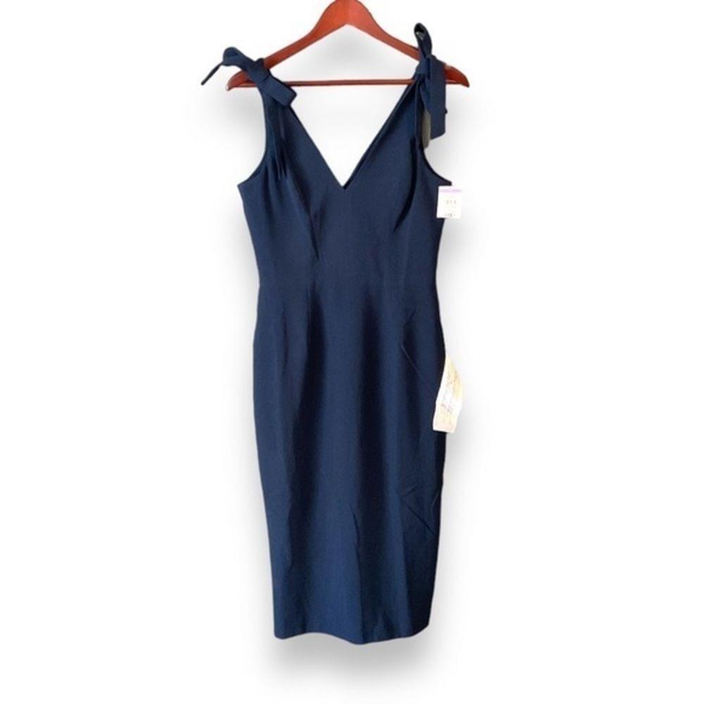 NWT Dress The Population Midnight Blue Lita Tie V-Neck Fitted Midi Dress Medium