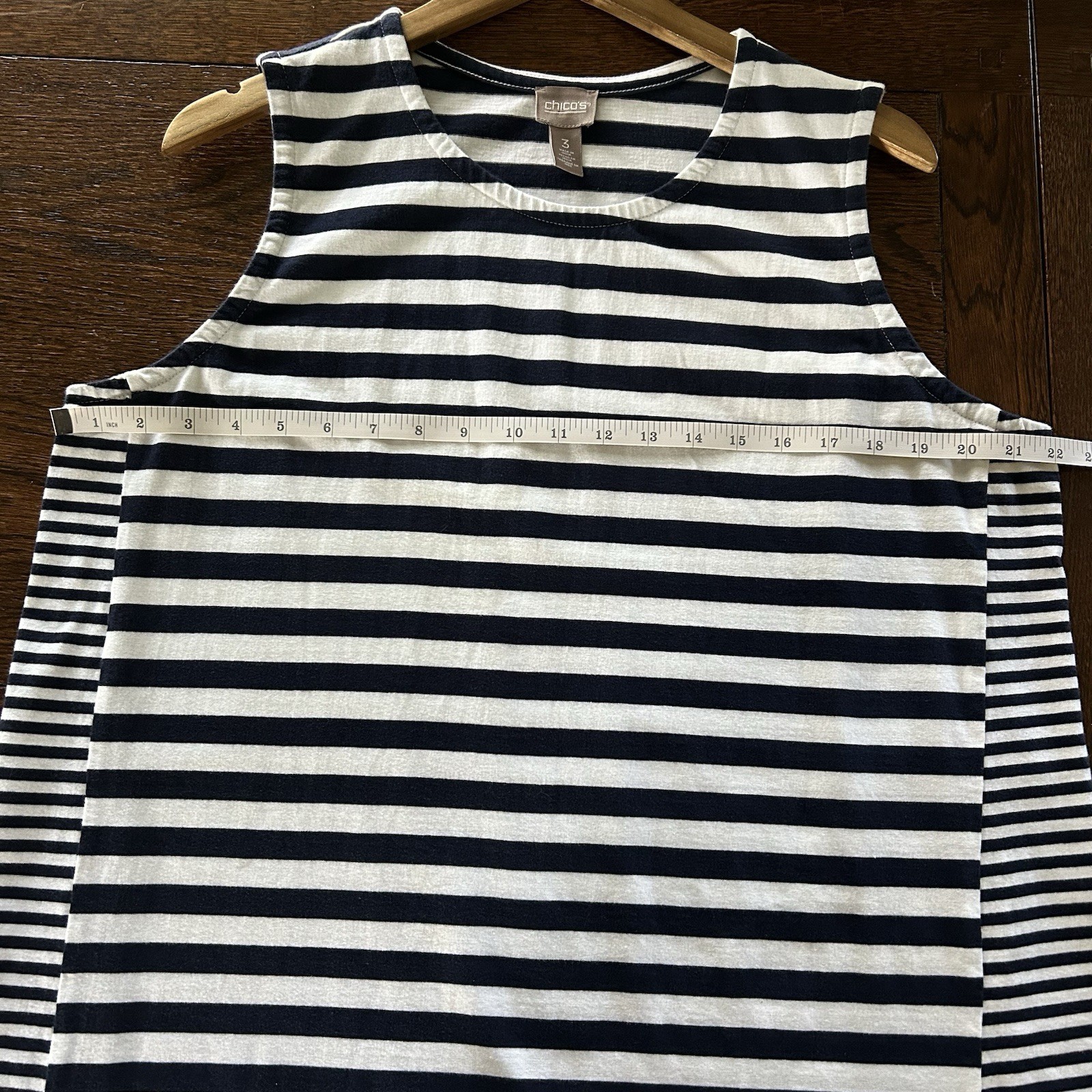 Chico’s Size 3 Navy Blue And White Cotton Blend Striped Sleeveless Sun Dress