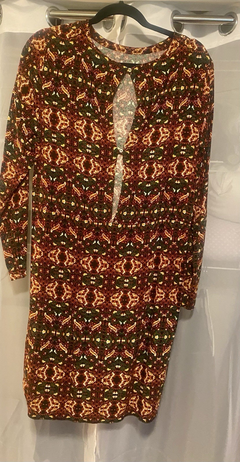LuLaRoe Geometric Knit Shift Dress Lace Accents Round Neck Long Sleeve M