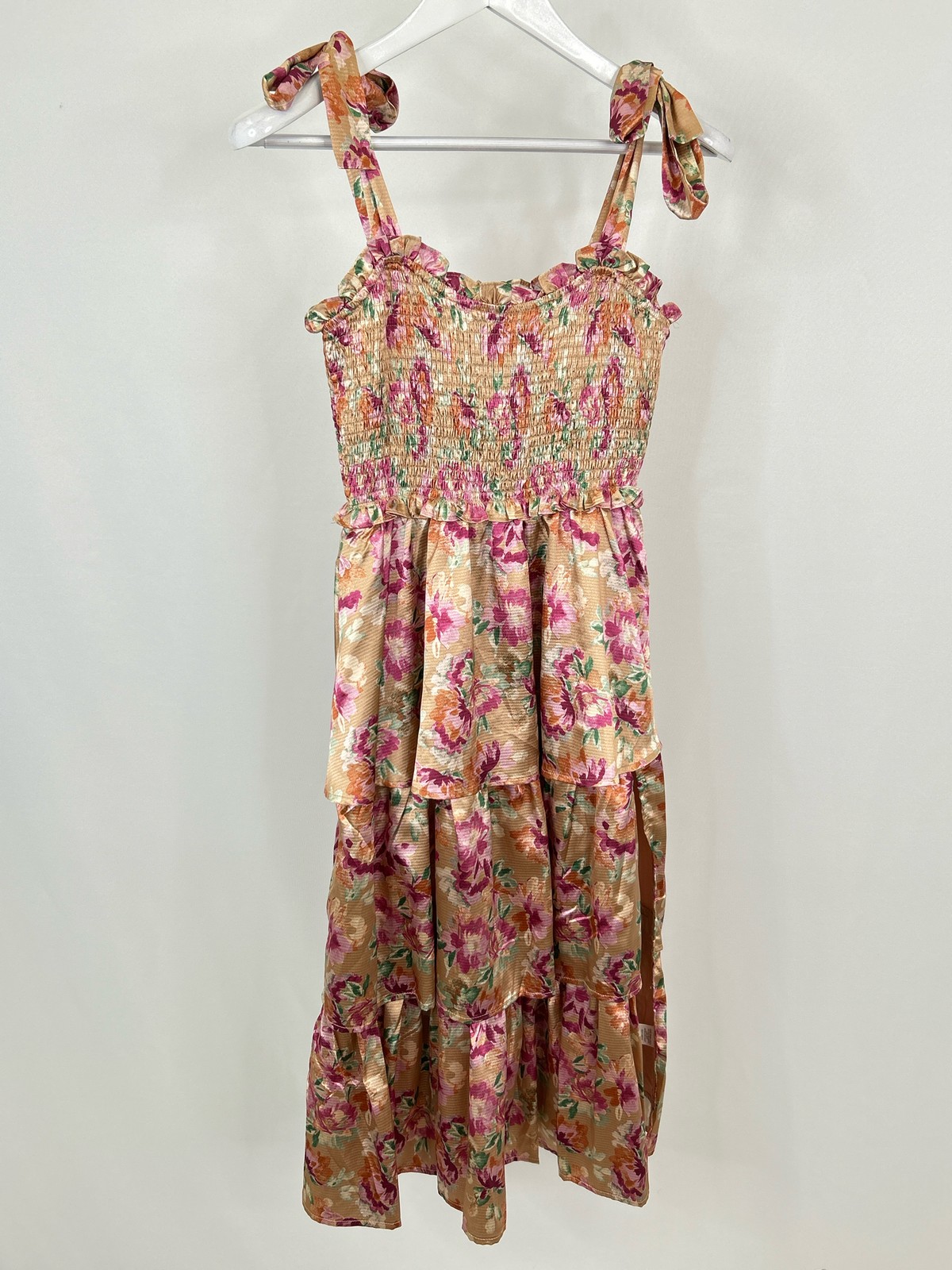 FORE Satin Boho Floral Midi Smocked Classic Size M Bronze Floral Women Dress