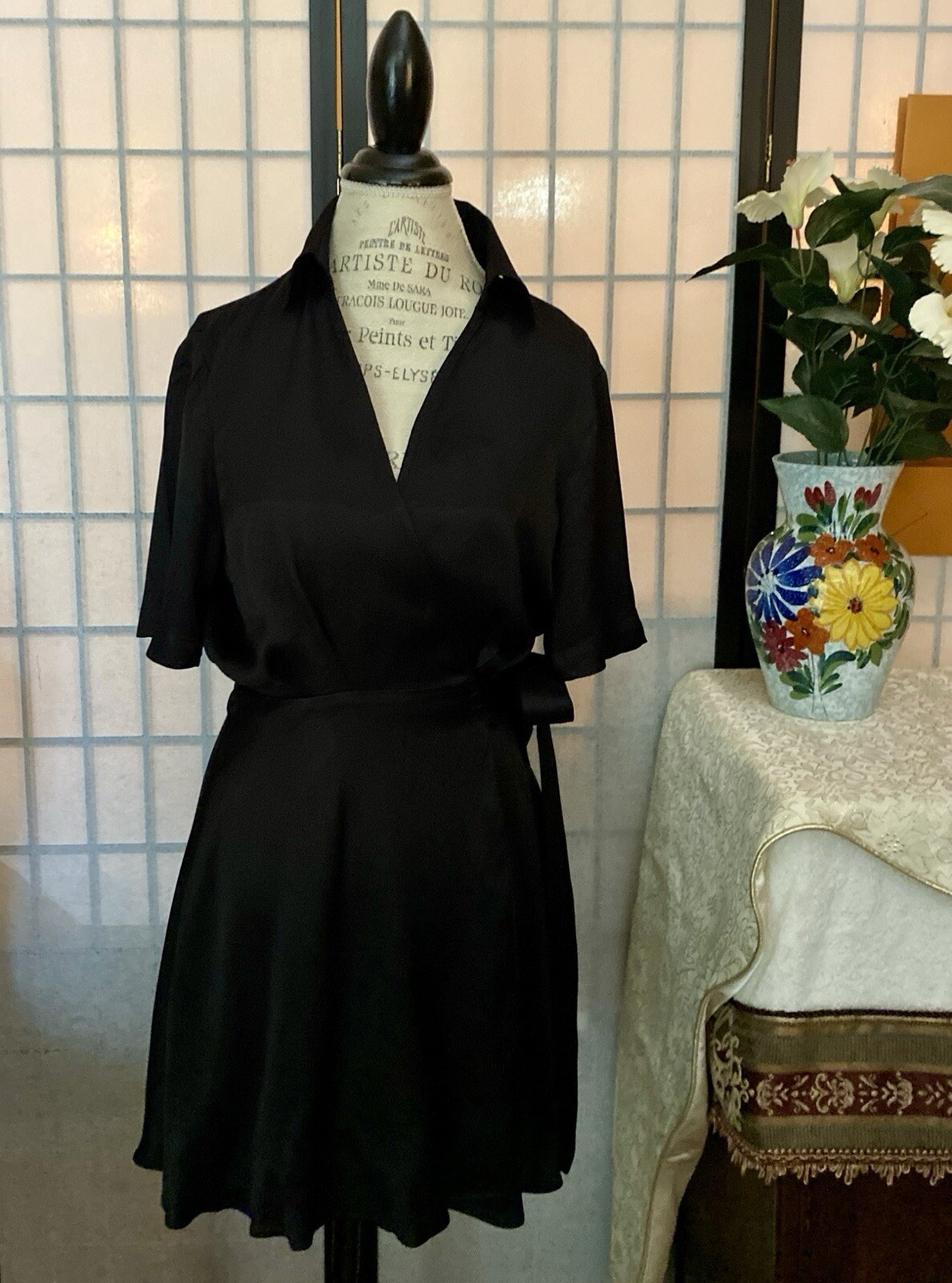 Zara NWT Women S BLK Glossy Satin Surplice Wrap Self Belt Fit’n Flare Dress