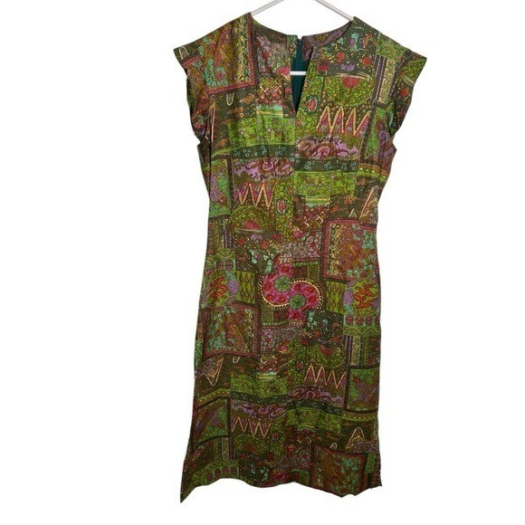 Women’s Dress Handmade Midi Length Short Sleeve Split Neck Geo Floral Dragon