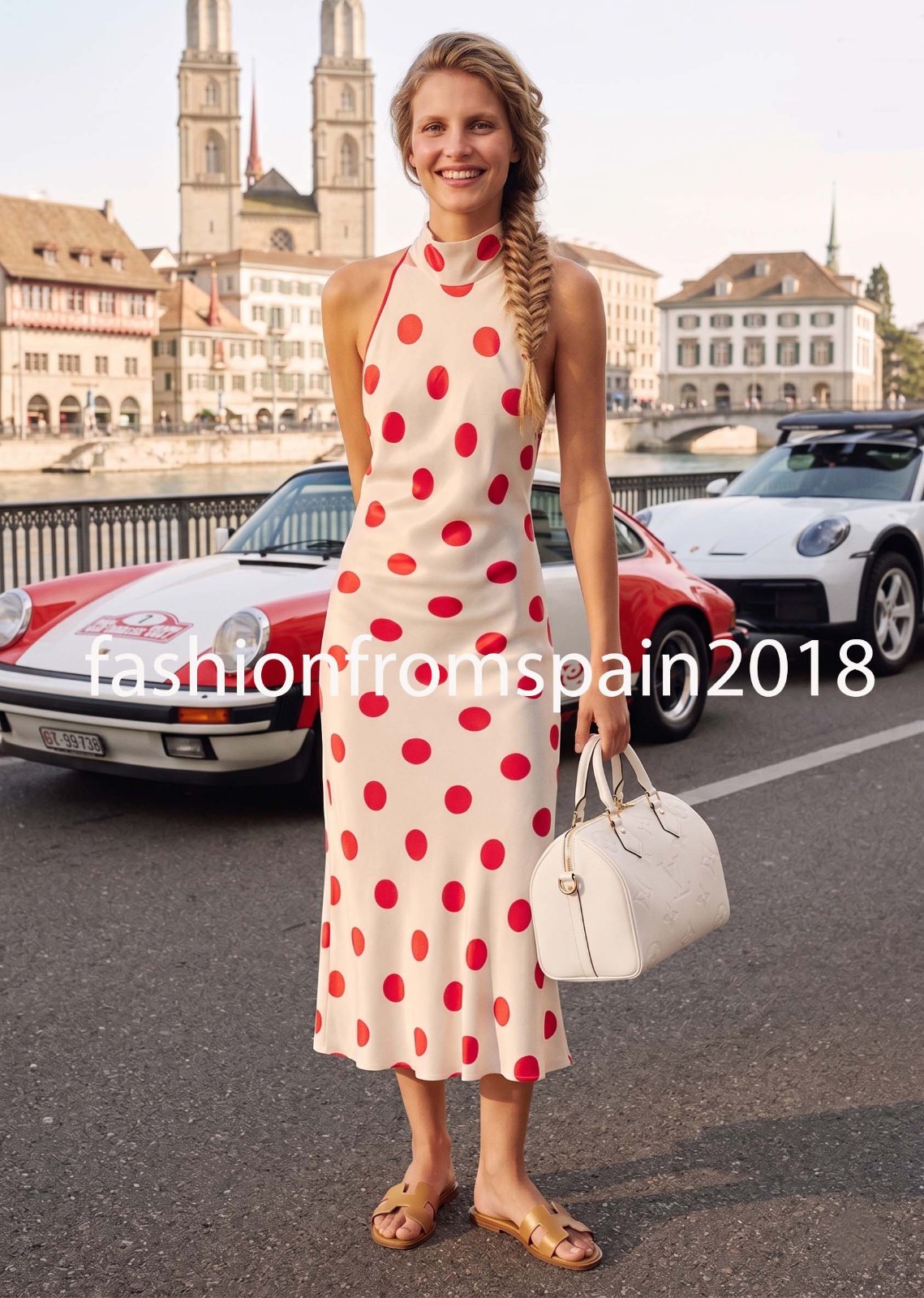 ZARA NEW WOMAN POLKA DOT HALTER MIDI DRESS OPEN-BACK BOW WHITE RED 5029/263/061