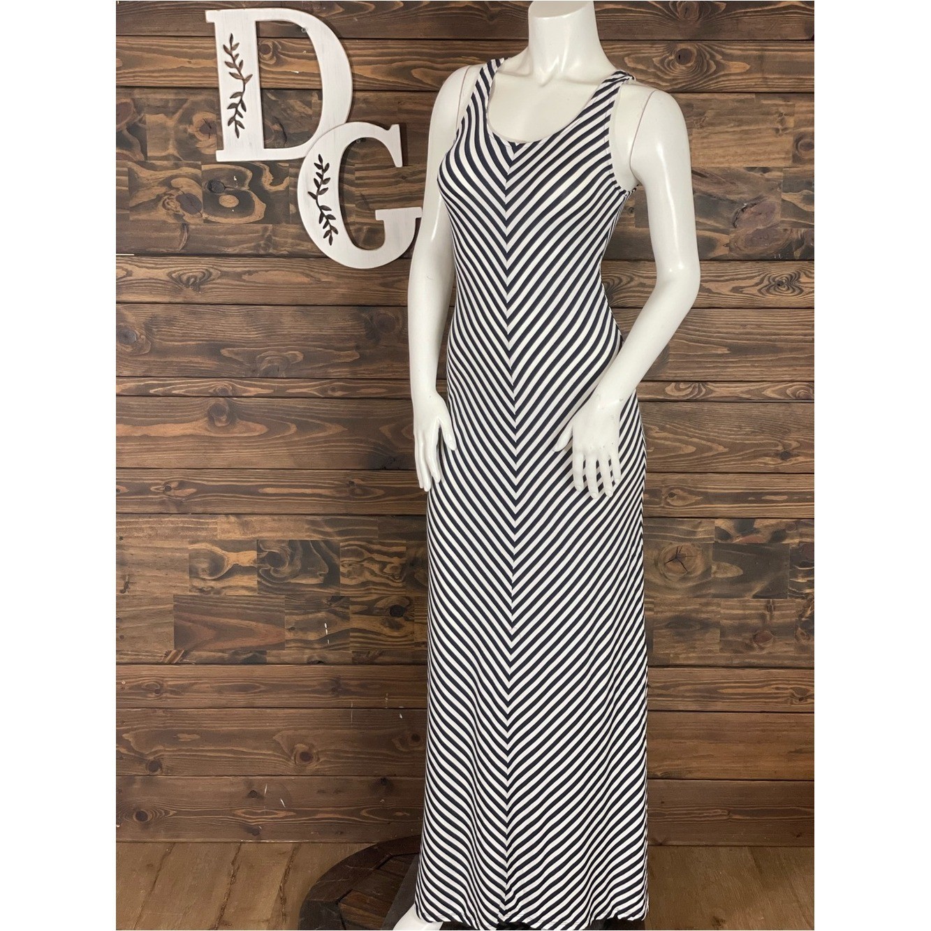 Merona | White Navy Asymmetrical Striped Maxi Dress Chevron Point