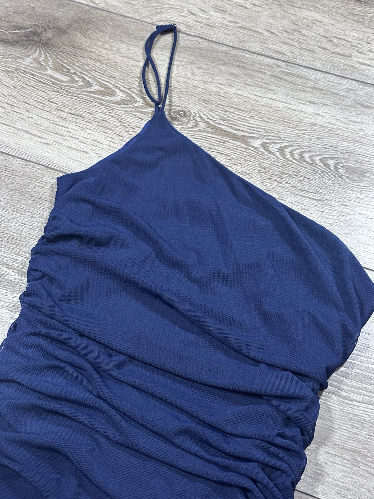 Cotton Candy LA Navy Ruched One Shoulder Mini Bodycon Dress S Mesh Asymmetrical