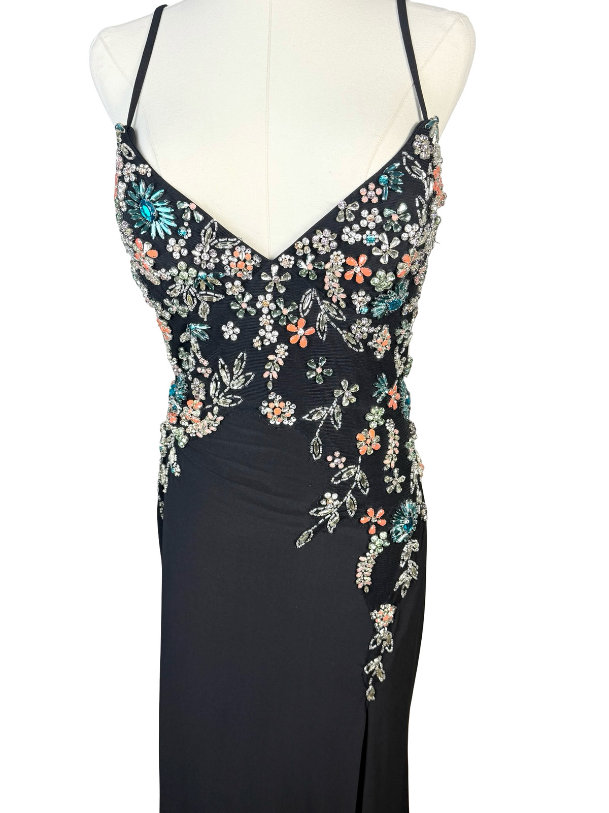 Mac Duggal 42006 Black V-Neck Beaded Floral Cami Gown