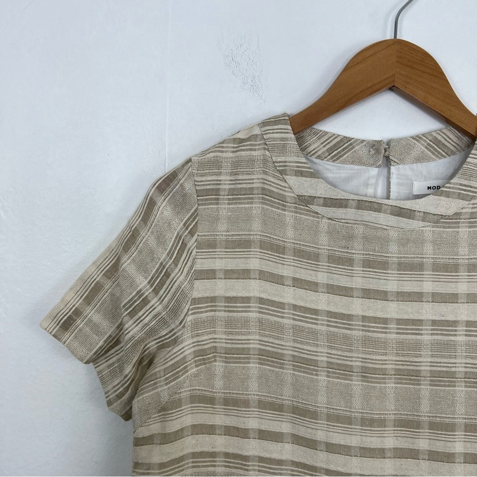 Mod Ref Striped Dress Tan Ivory Linen Textured Cotton Babydoll Dress Size Small